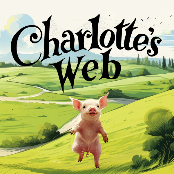 Charlottes Web Title over a green field with a pig