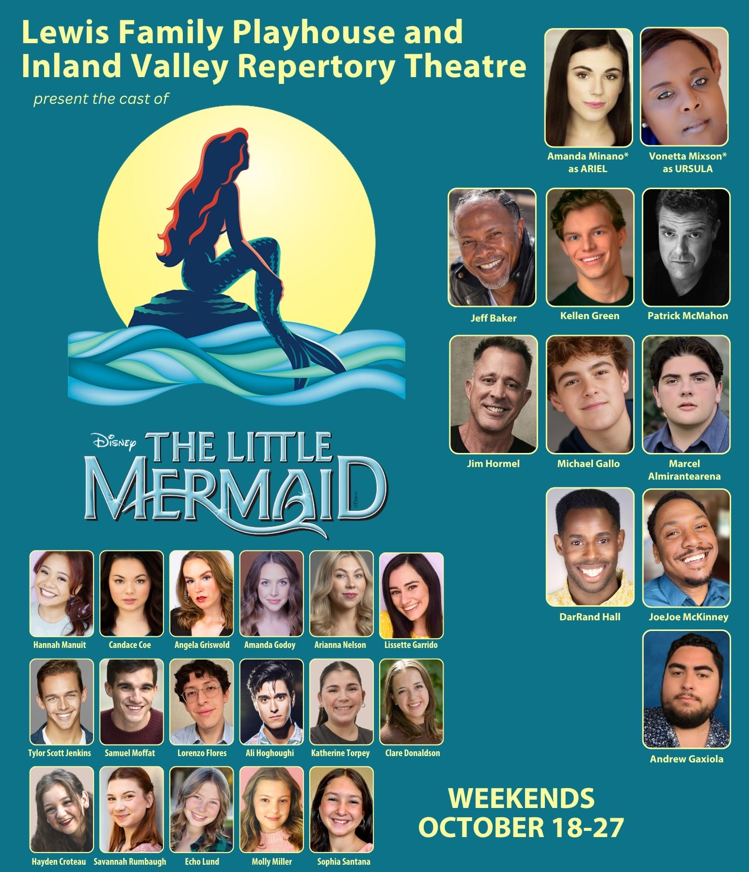 collection of cast headshots for the performers of The Little Mermaid