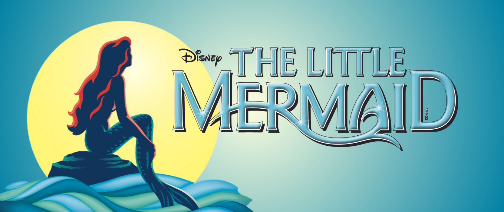 blue gradient with a mermaid sitting on a rock in front of the sun. text reads disney's the little mermaid