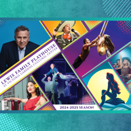 season brochure cover, featuring colorful halftone shapes and event images for shows coming up