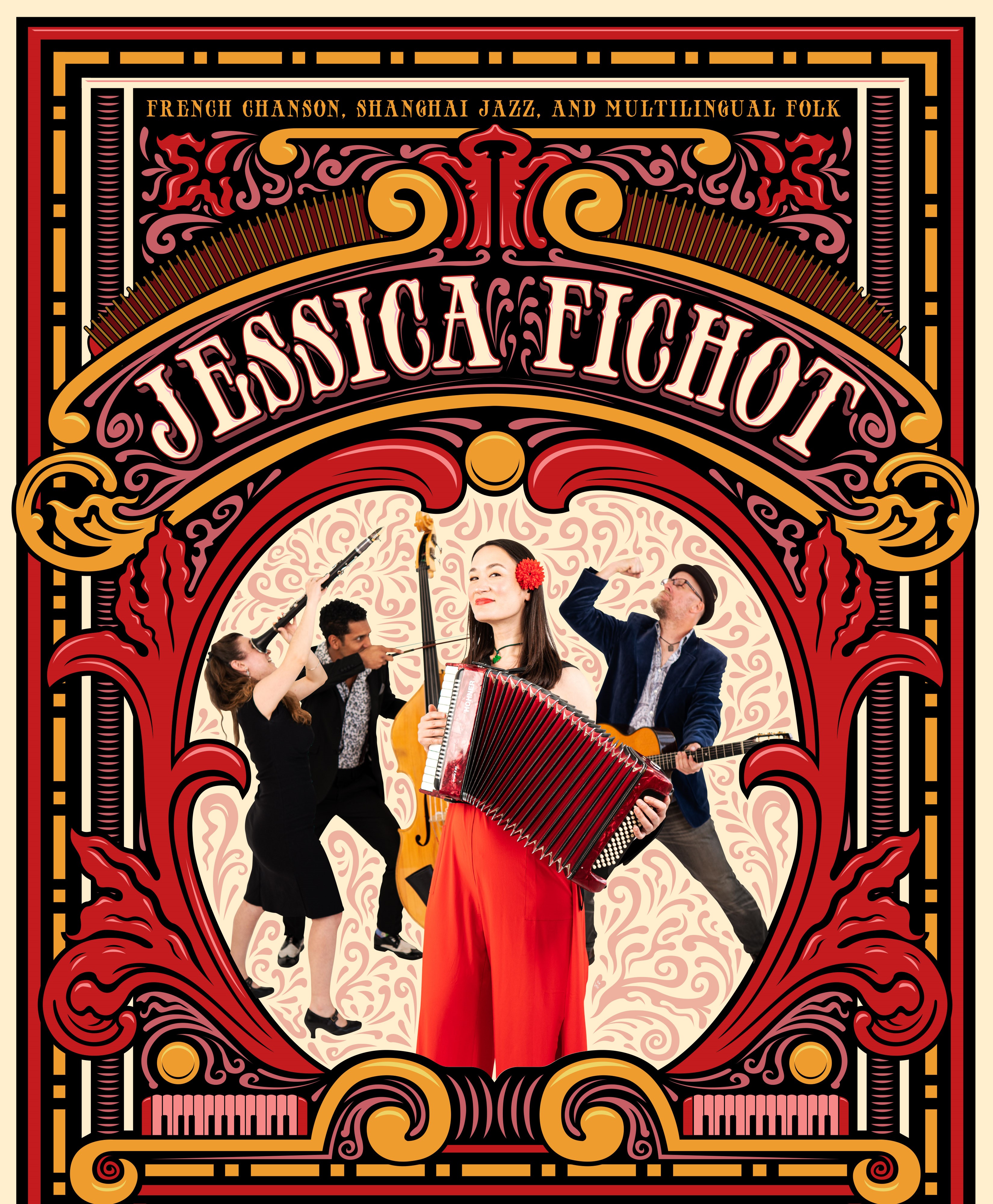 Art Nouveau inspired poster design, woman in the center holding an accordion. 