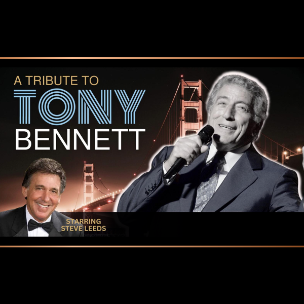 black and white image of tony bennett overlayed on top of the golden gate bridge