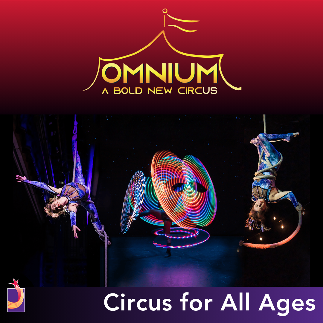 three circus performers in front of a logo that reads omnium circus 