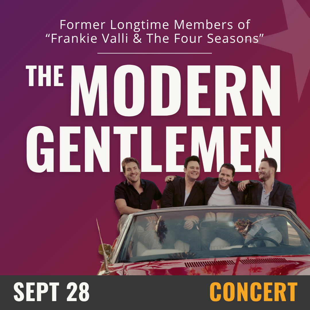 Purple background with white text that reads The Modern Gentleman- September 28th- Concert. In the bottom right corner there is a group of four men dressed in black sitting on top of the first row of seats in a red convertible car with the top down. 