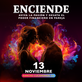 text reads Enciende, a couple standing forehead to forehead in front of multi-colored flame.