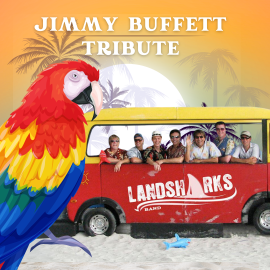 a large illustrated parrot undeneath the words jimmy buffet tribute