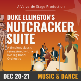 Orange background with white text that reads Duke Ellington's Nutcracker Suite December 20th-21st: Concert